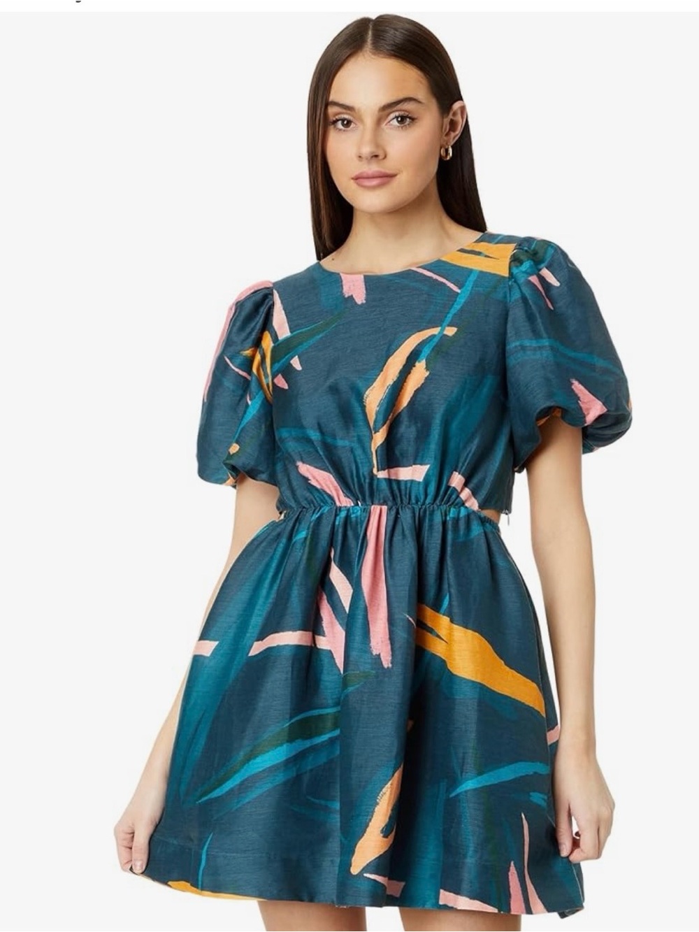 Vineyard Vines Teal Abstract Print Puff-Sleeve Mini Dress